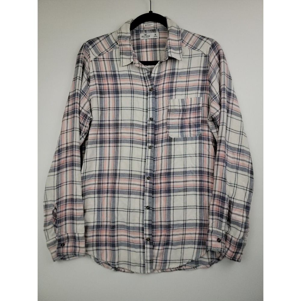 Hollister Womens Boyfriend Fit Plaid Button Down Shirt Pink Blue White Size M